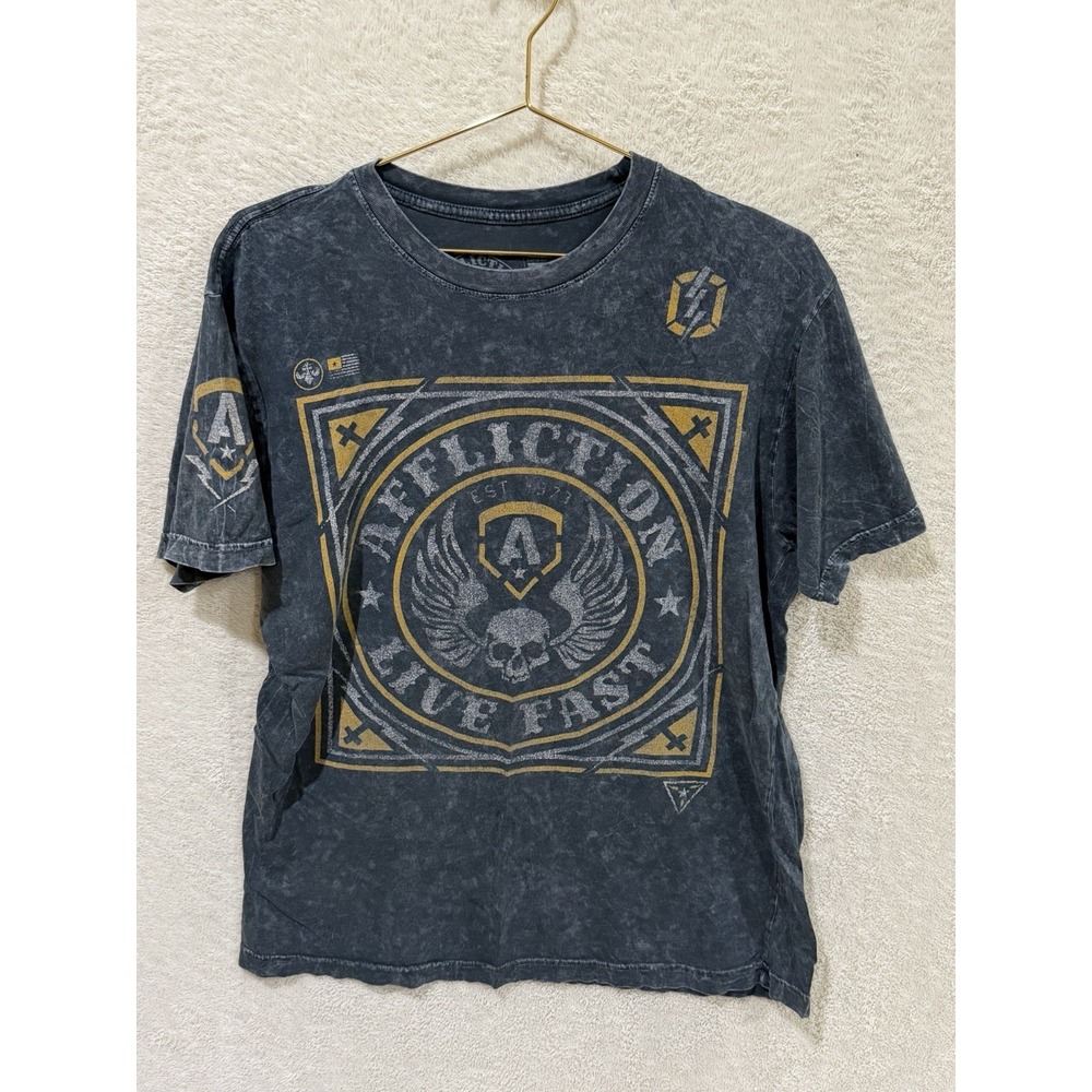 Affliction‎ Live Fast T- Shirt Large Gray Cross Stars Wings Albatross Skull